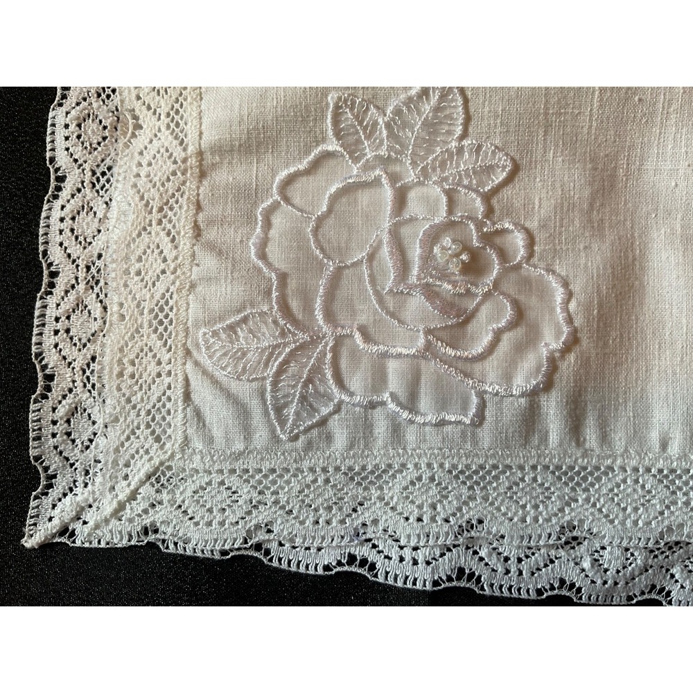 Linen Bib Collar/Dickey Lace Embroidery Floral Retro Scalloped Trim Ivory Pearls - Picture 5 of 6
